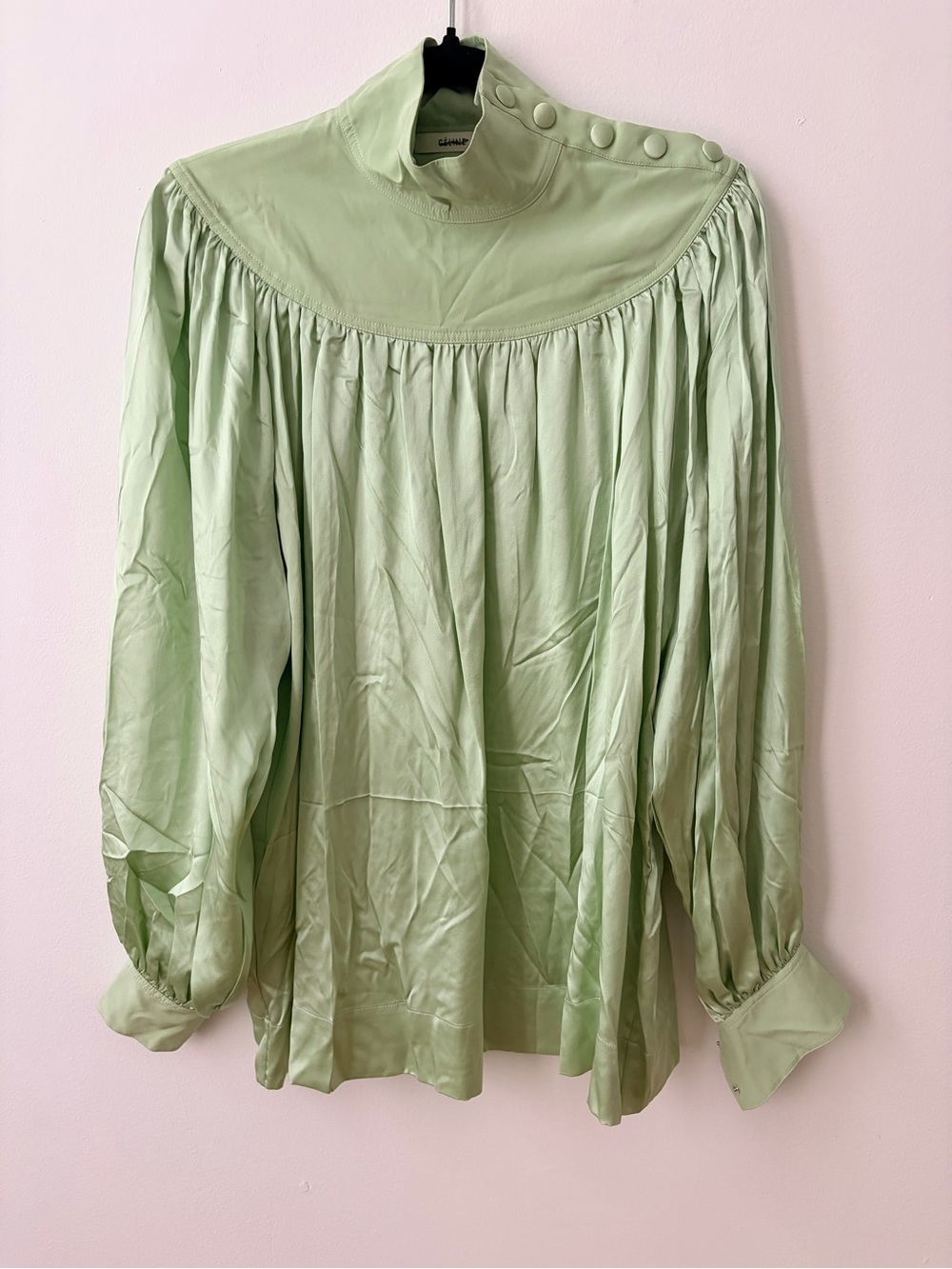 Celine Pale Green Gathered Silk Blouse - Picture 7 of 9